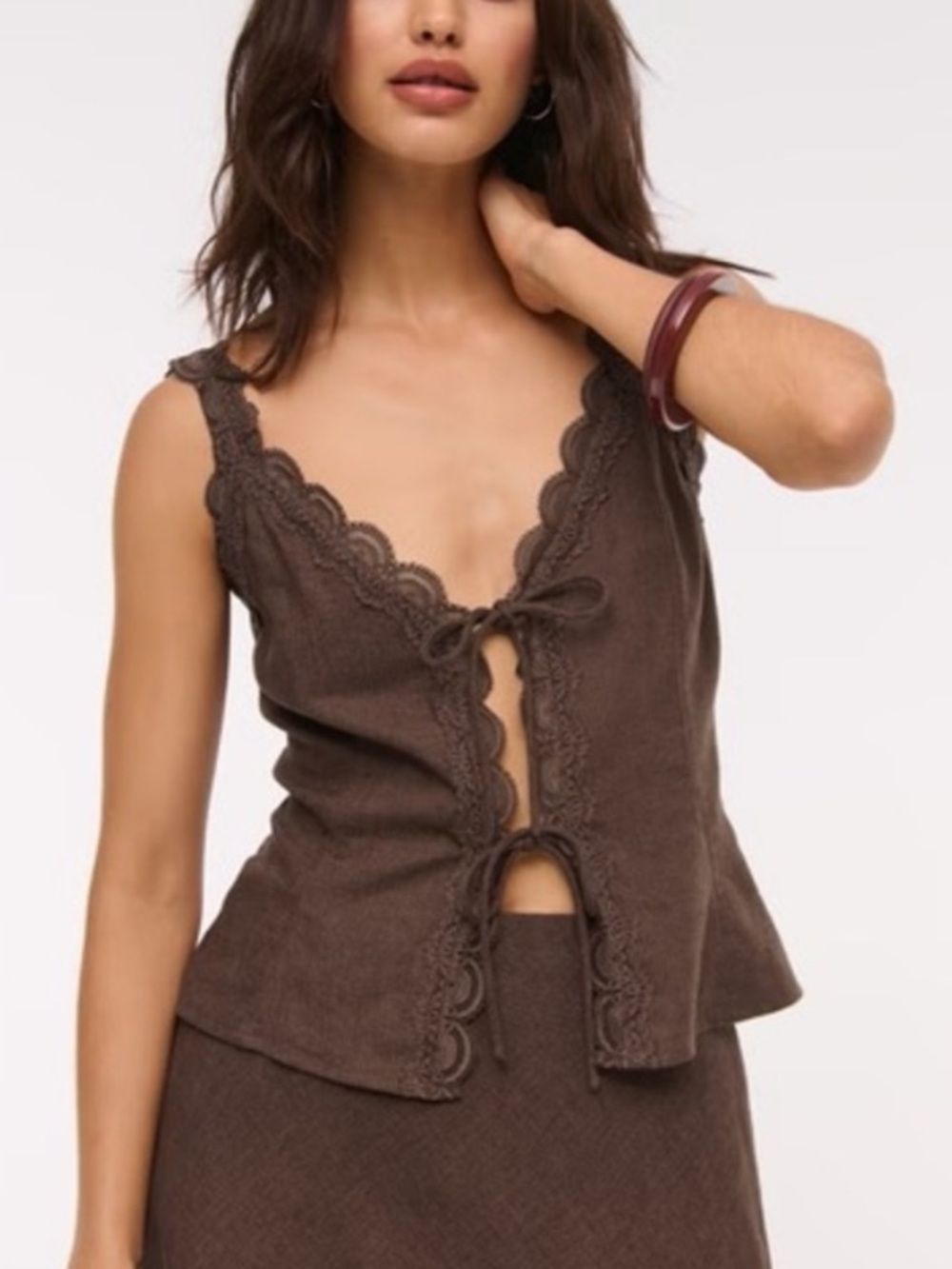 Abercrombie & Fitch Lace Trim Front Tie Peplum Linen Blend Top - Picture 1 of 5